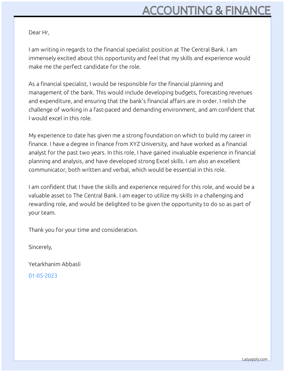 accounting & finance cover letter