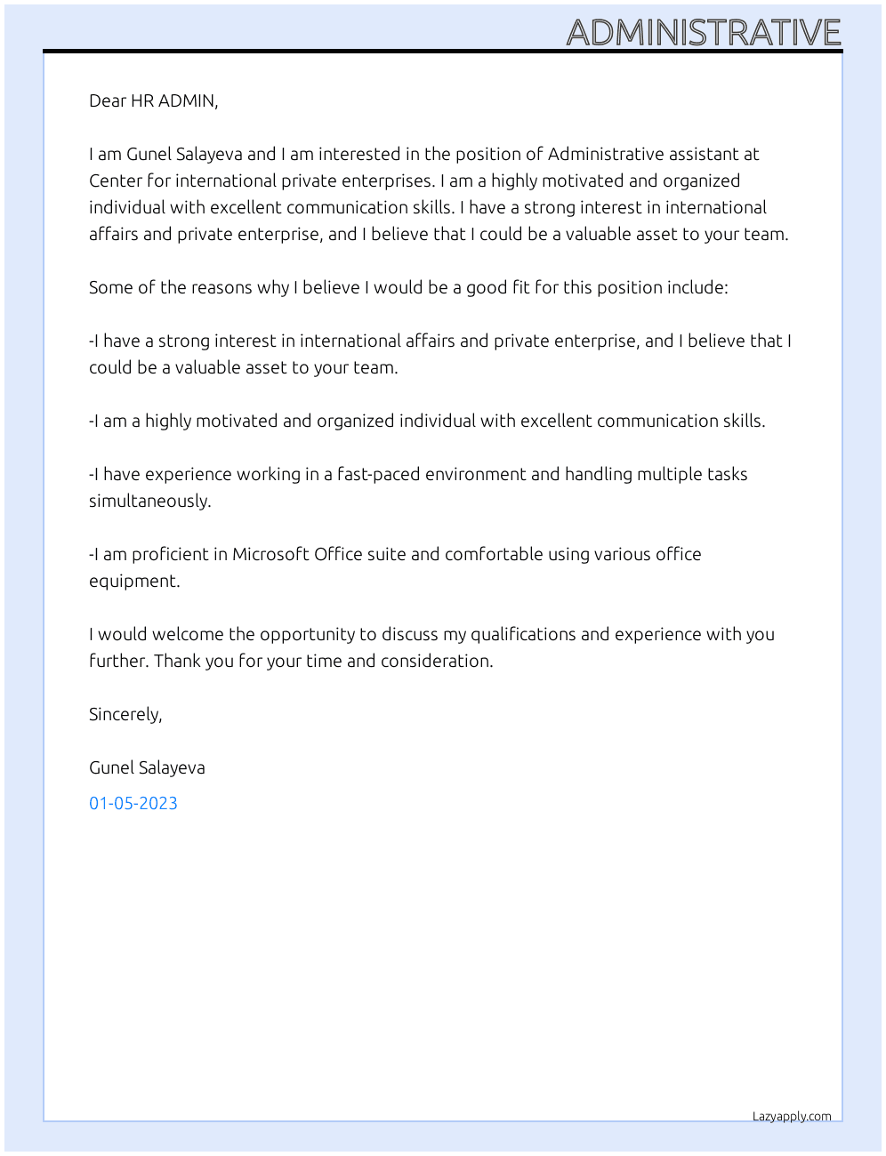 administrative cover letter