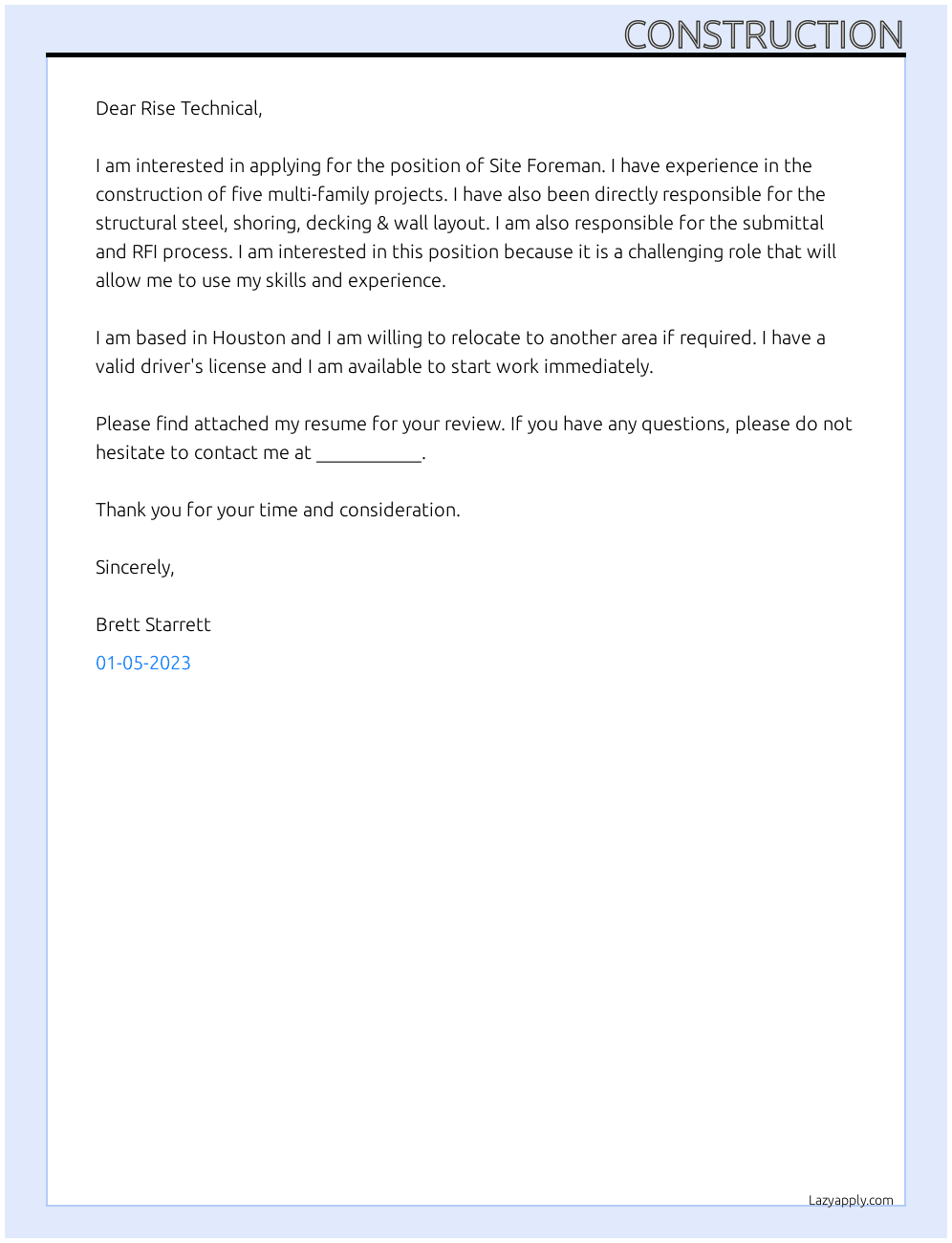 construction cover letter