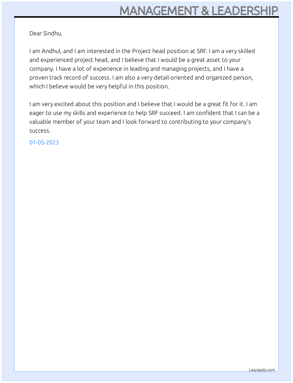 management & leadership cover letter