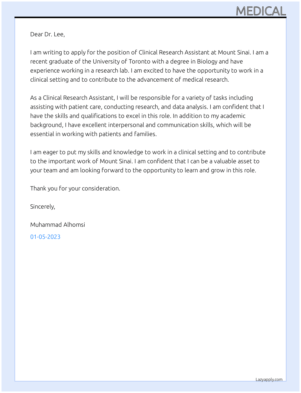 medical cover letter