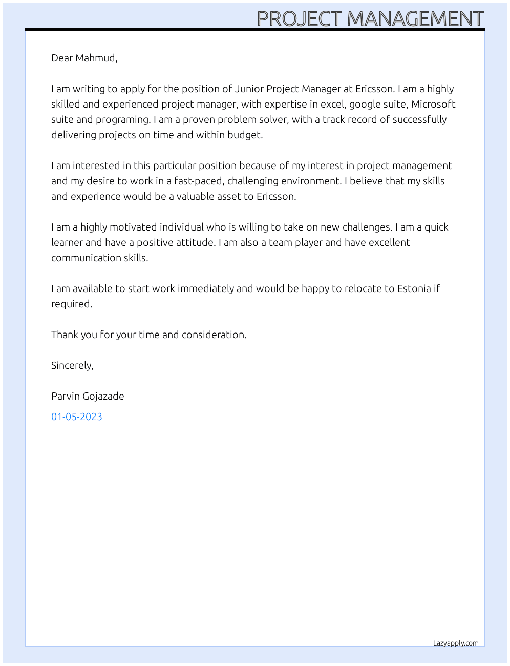 project management cover letter