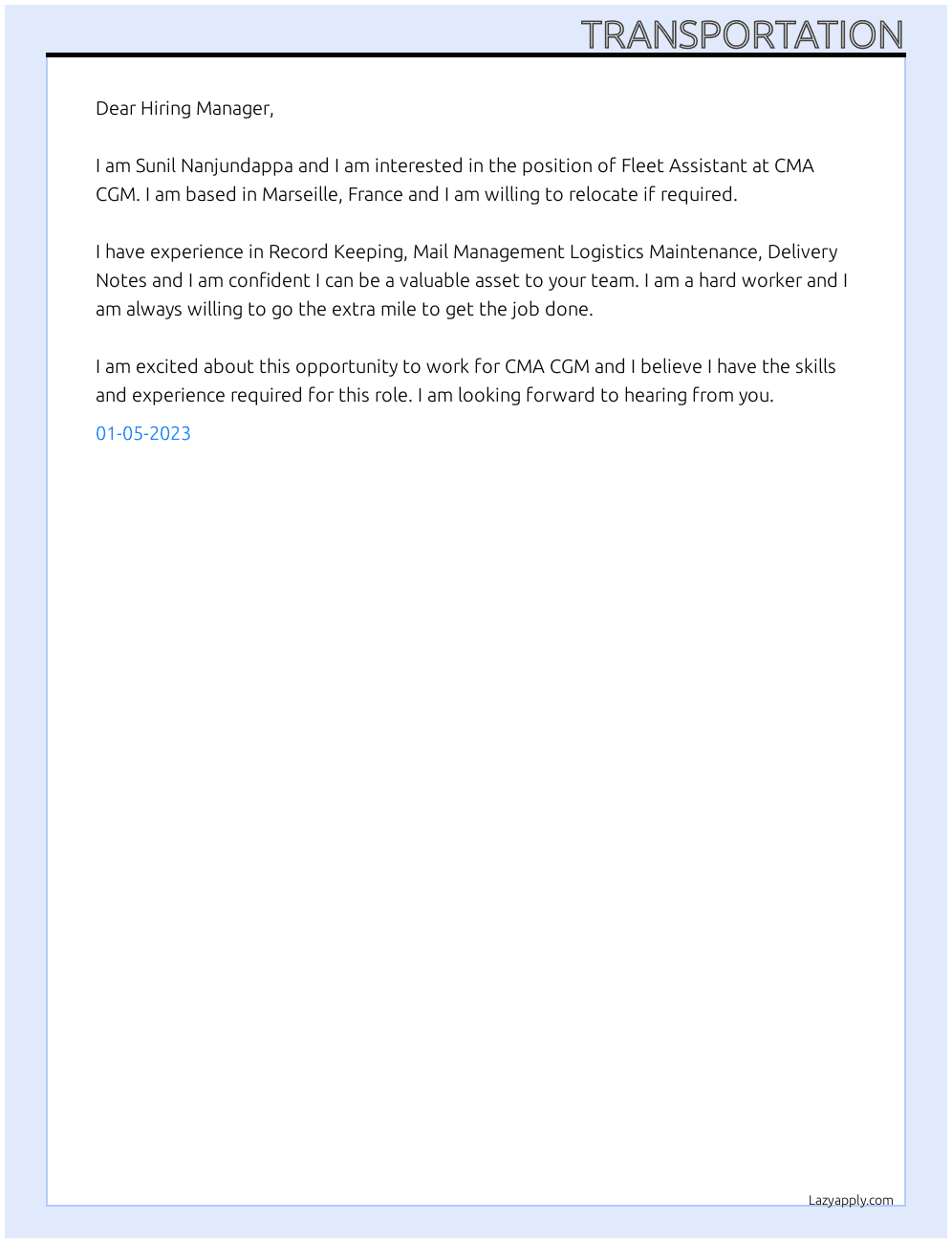 transportation cover letter