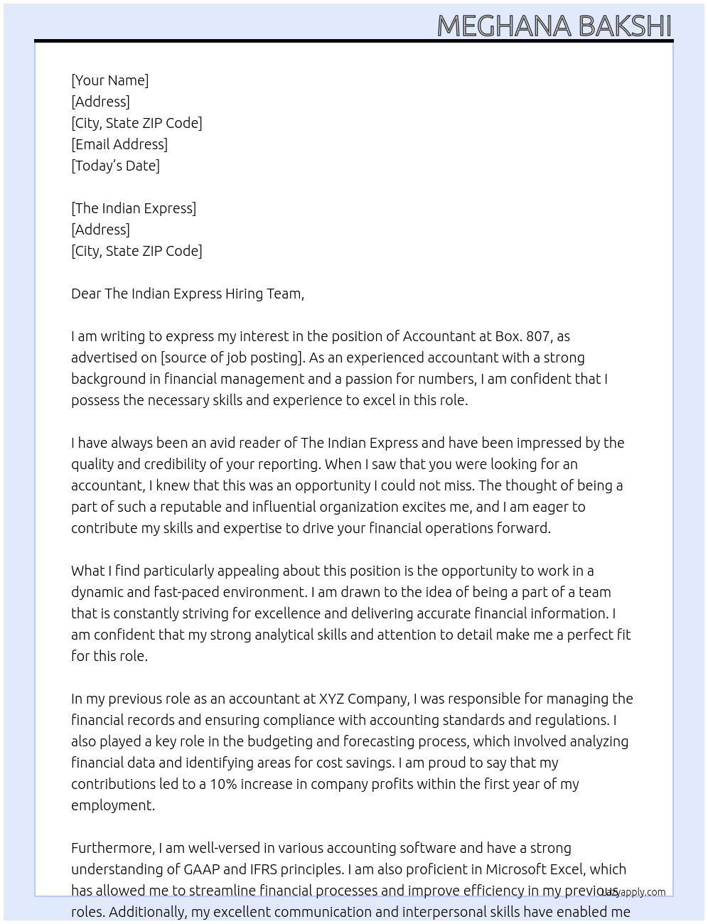 An accountant At Box. 807 Cover Letter