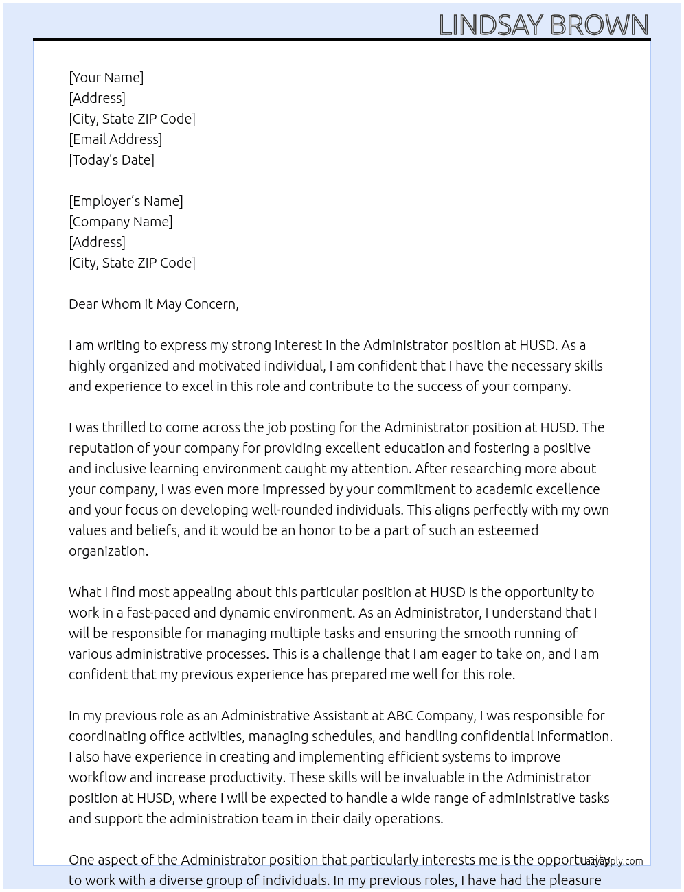 Administrator  At HUSD Cover Letter