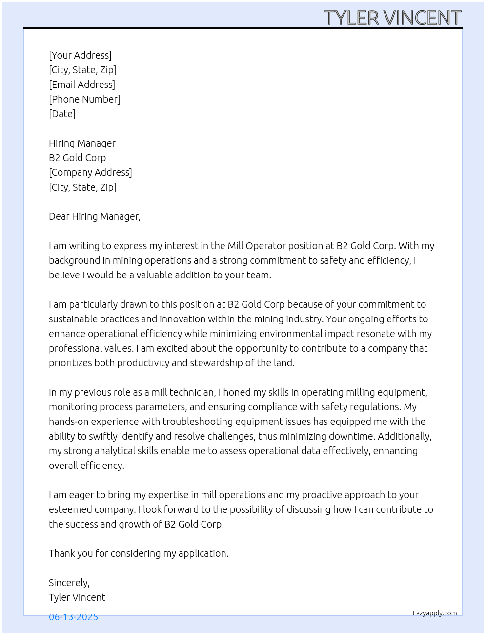Cover letter for mill operator - LazyApply