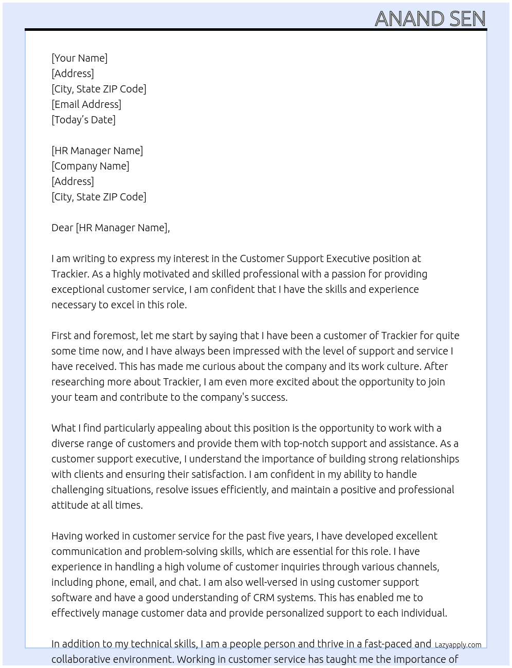 Customer support Executive  At Trackier  Cover Letter