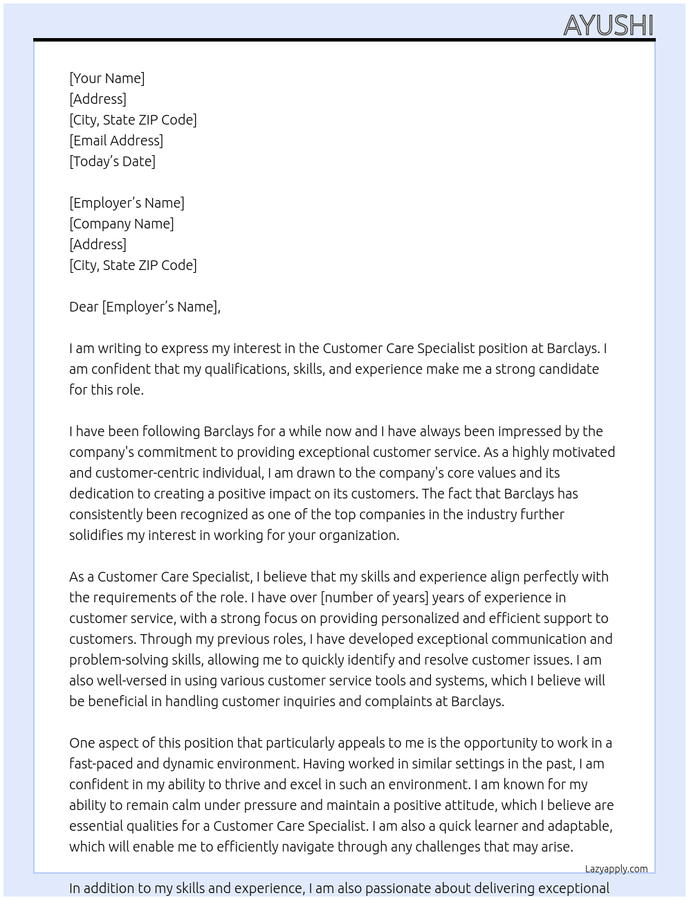Customer care specialist At Barclays Cover Letter