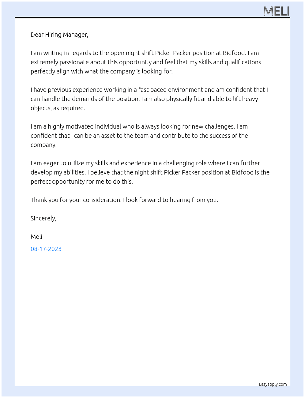 Night shift Picker Packer At Bidfood Cover Letter