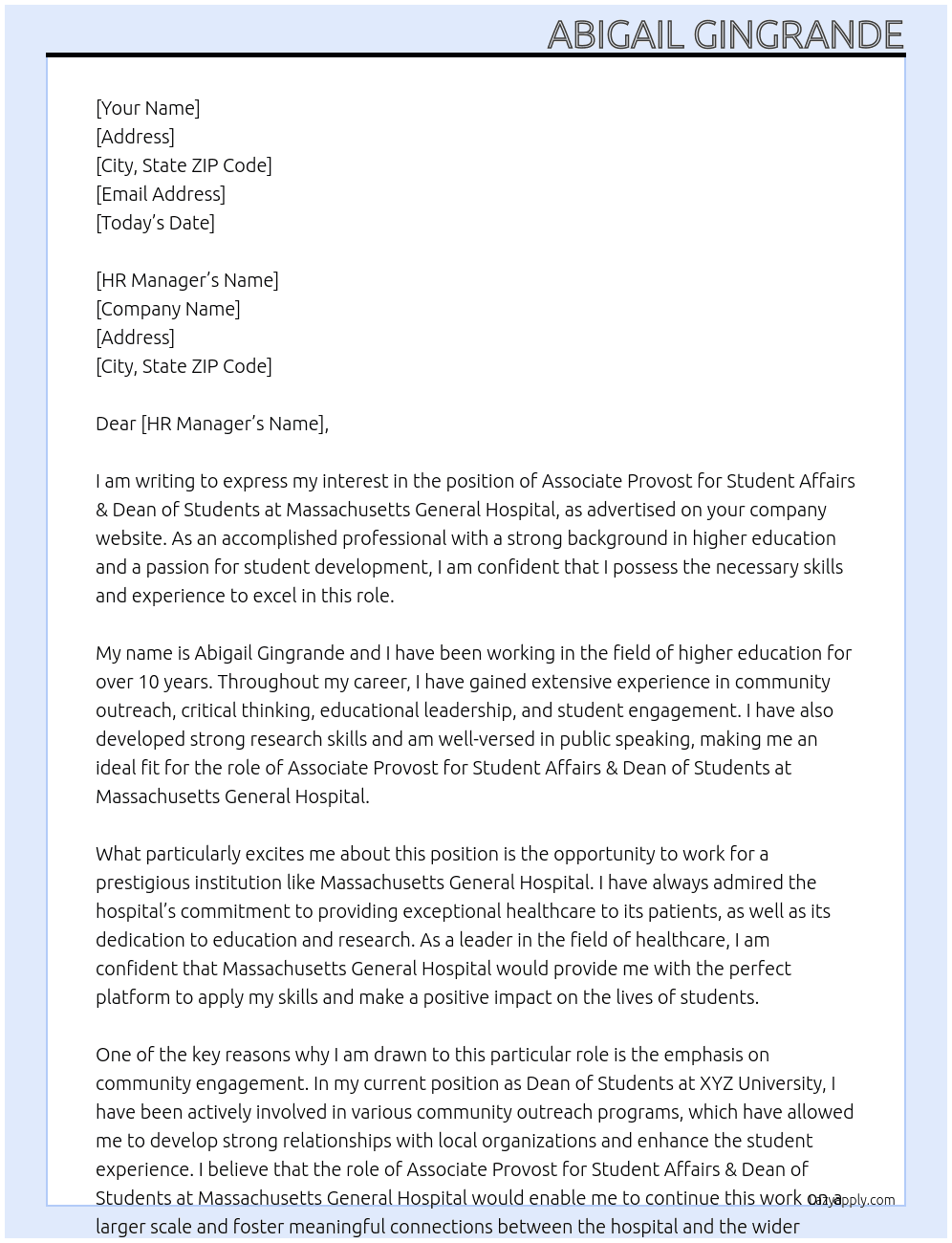 ASSOCIATE PROVOST FOR STUDENT AFFAIRS & DEAN OF STUDENTS At Massachusetts General Hospital Cover Letter