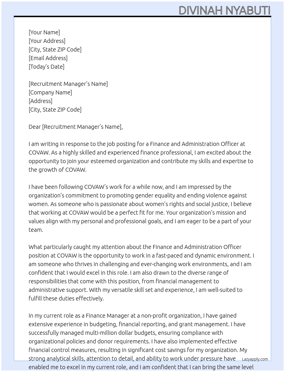Finance and Administration Officer At COVAW Cover Letter