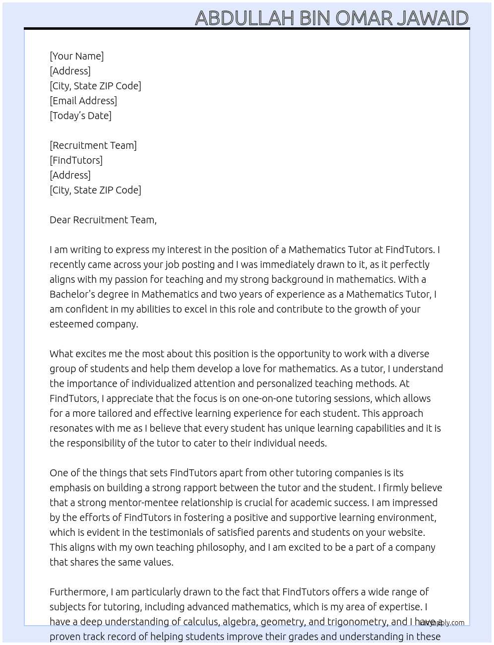 mathematics tutor At FindTutors Cover Letter