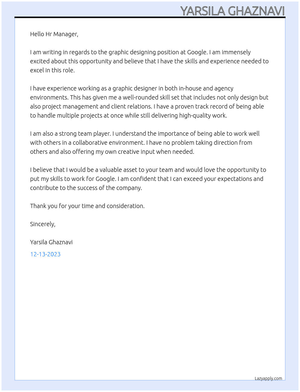 Graphic designing At Google Cover Letter