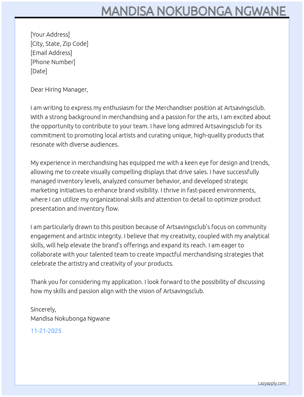 Merchandiser  At Artsavingsclub  Cover Letter