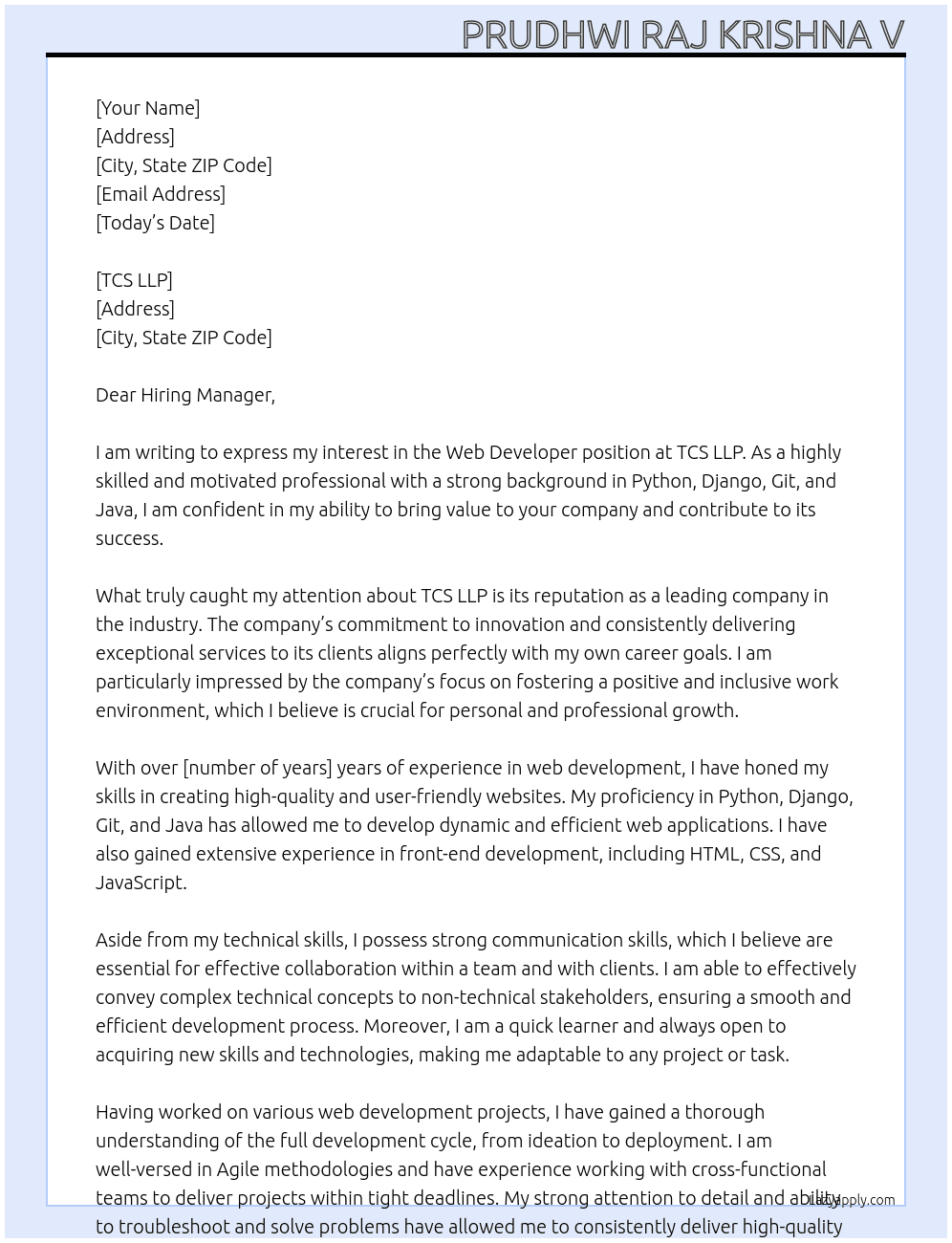 Web Developer At TCS LLP Cover Letter