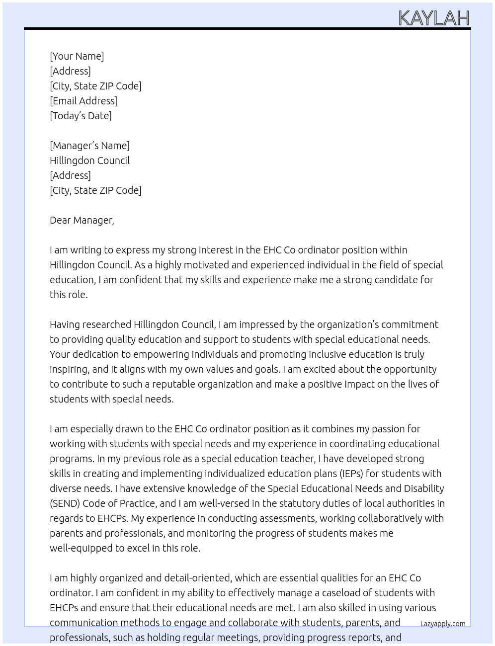 EHC Co ordinator At Hillingdon council  Cover Letter