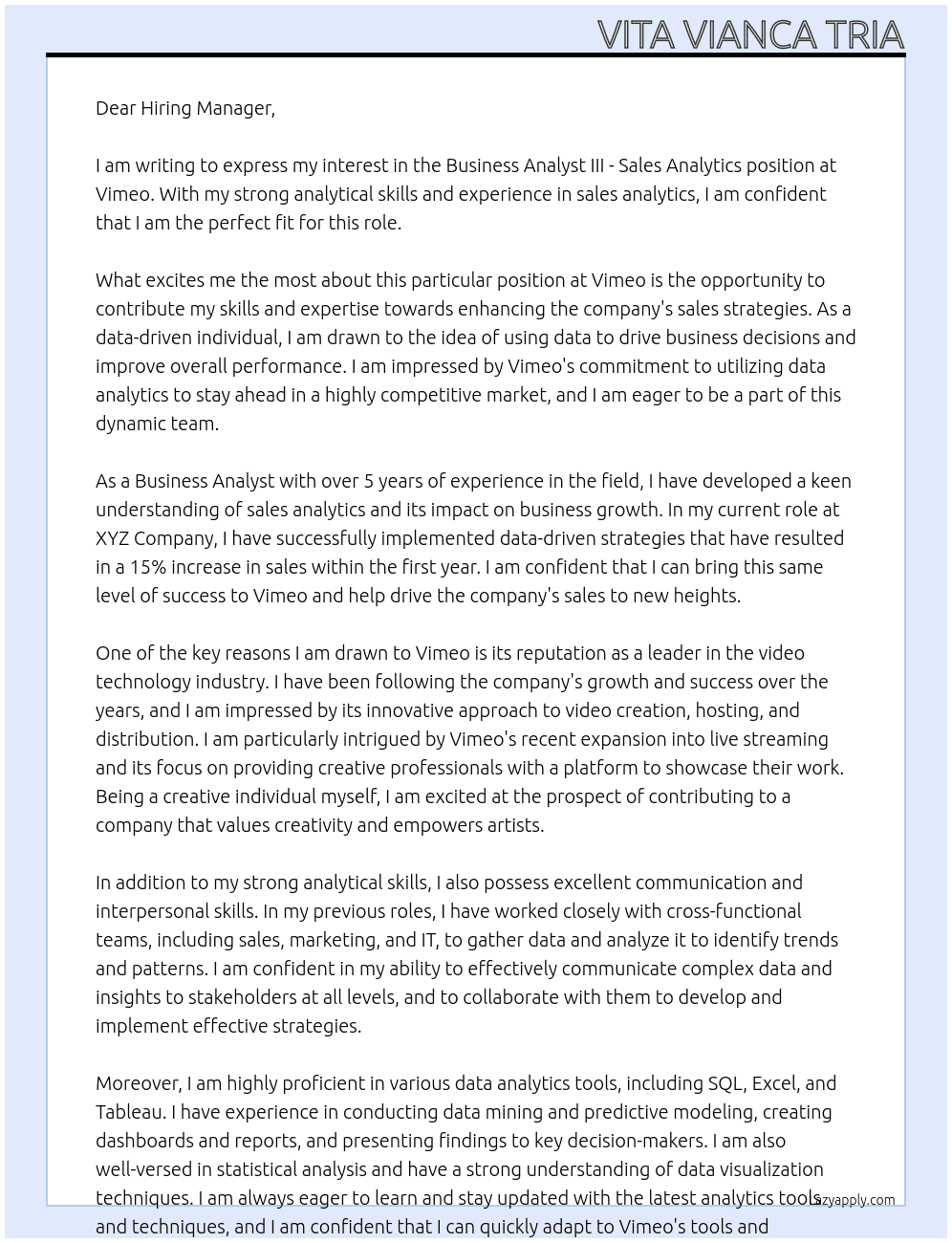 Business Analyst III - Sales Analytics At Vimeo Cover Letter