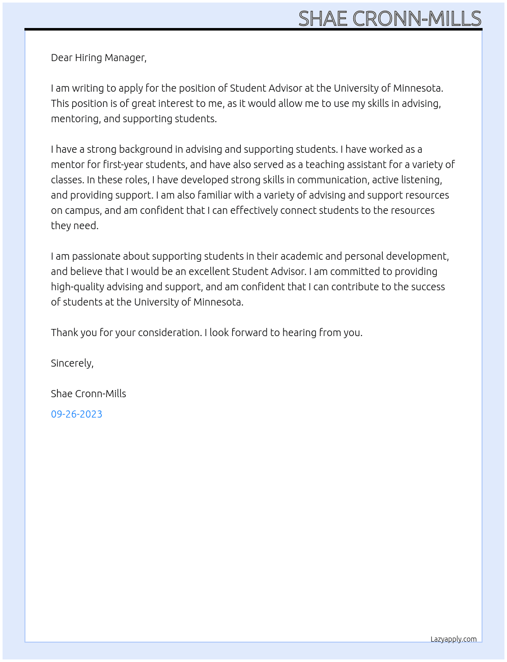 Student Advisor  At University of Minnesota Cover Letter