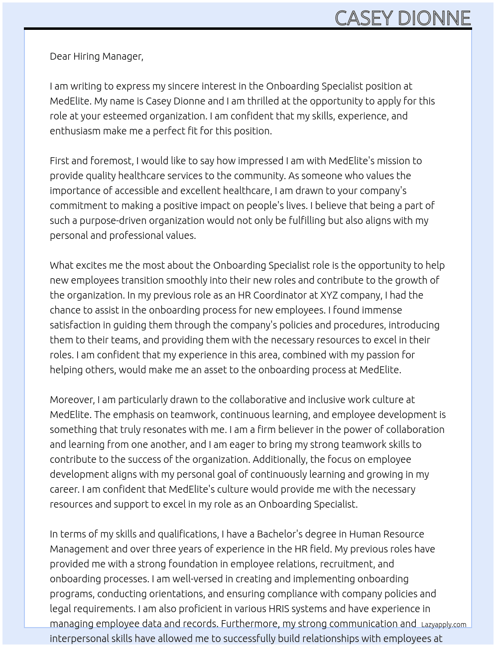Onboarding Specialist At MedElite Cover Letter