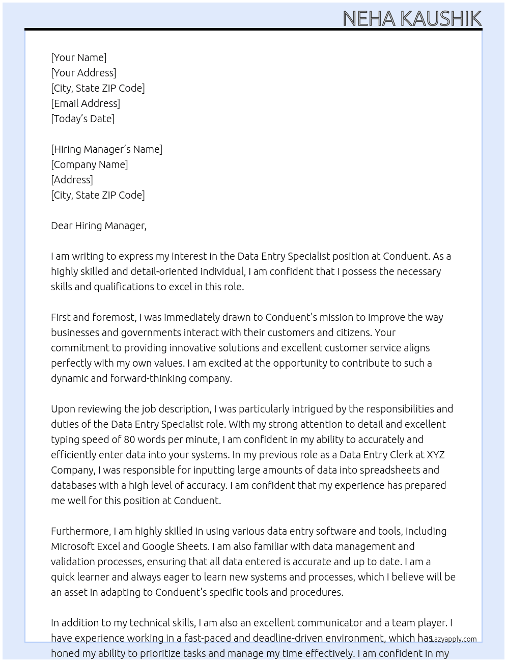 Data Entry Specialist At conduent Cover Letter