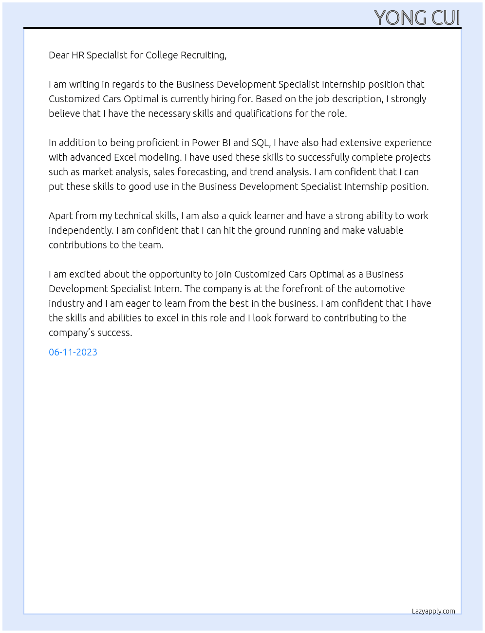 Business Development Specialist Internship At Customized Cars Optimal Cover Letter
