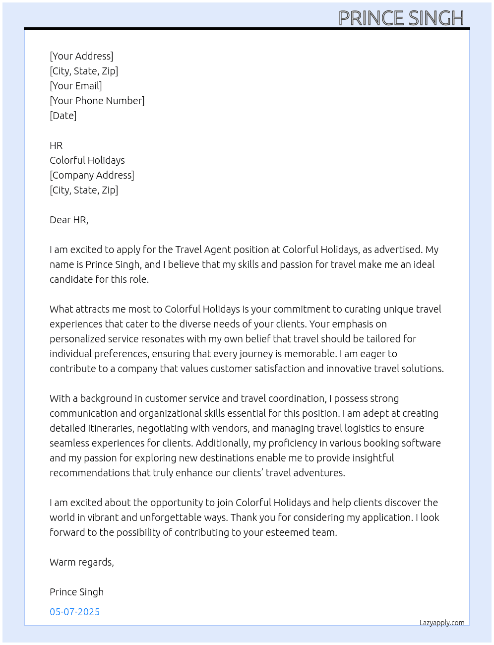 Travel Agent  At Colorful Holidays  Cover Letter