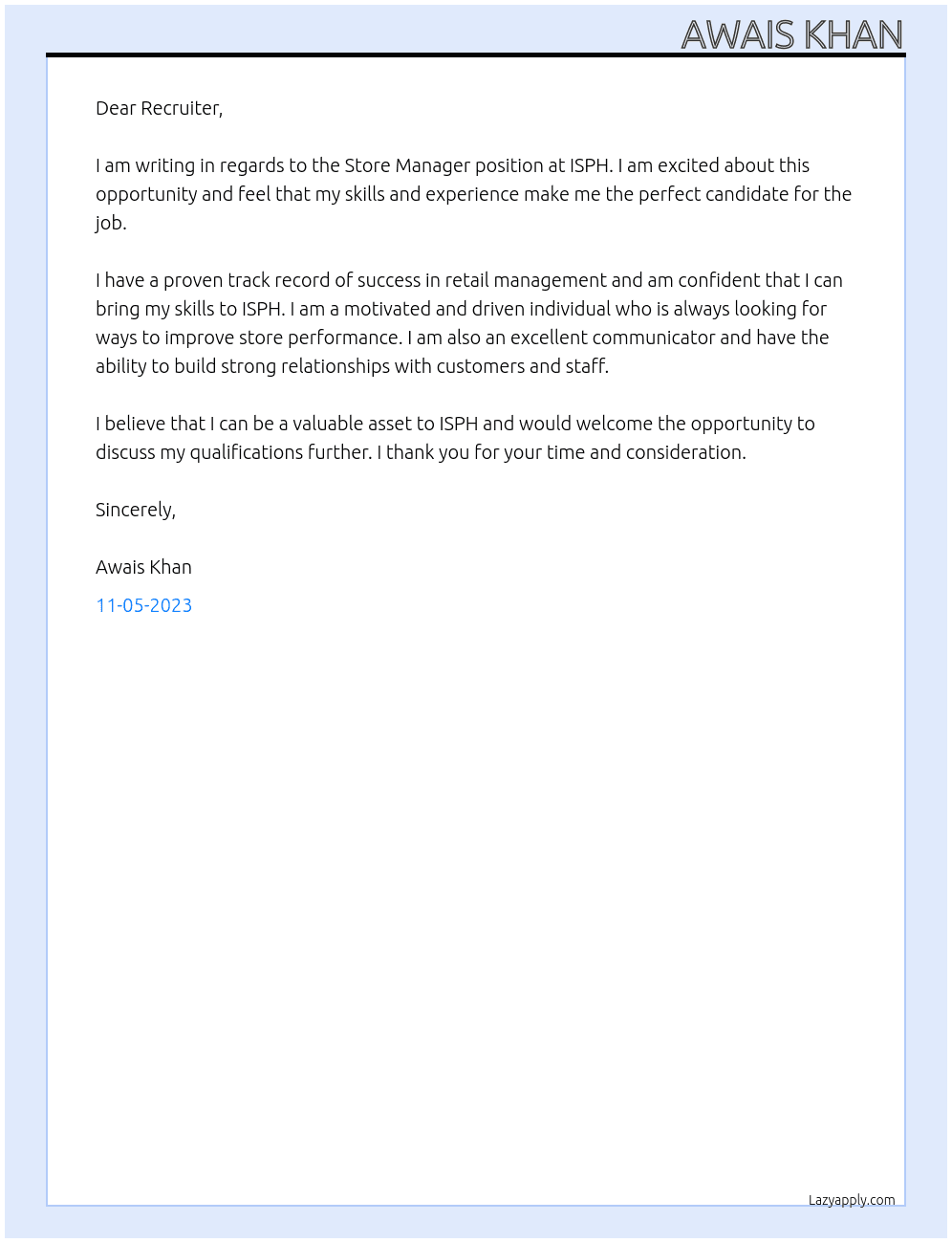 Store Manager At ISPH Cover Letter