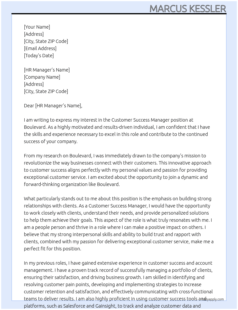 Customer Success Manager At Boulevard  Cover Letter