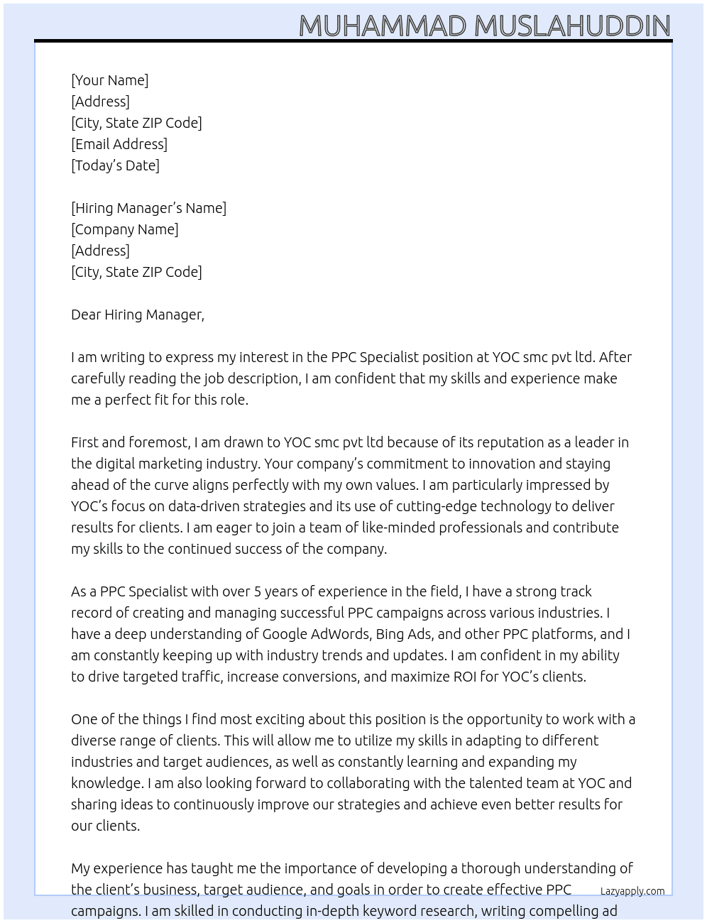 PPC Specialist At YOC smc pvt ltd Cover Letter