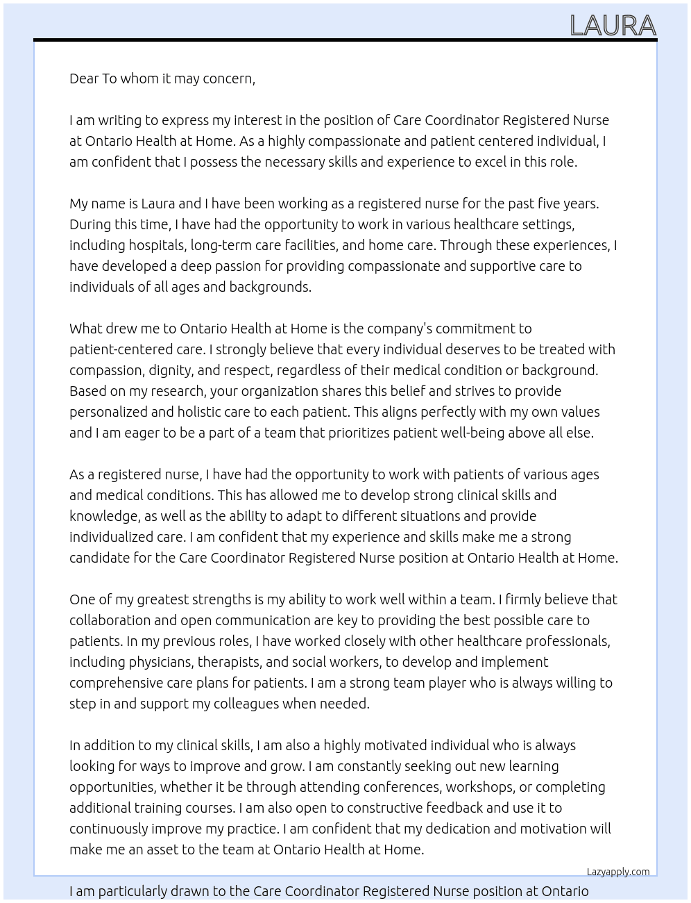 Care Coordinator Registered Nurse At Ontario Health at Home Cover Letter