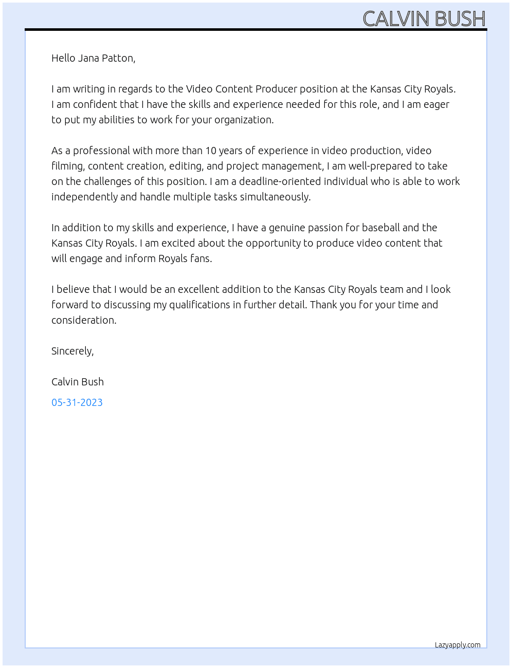 Video Content Producer At Kansas City Royals Cover Letter
