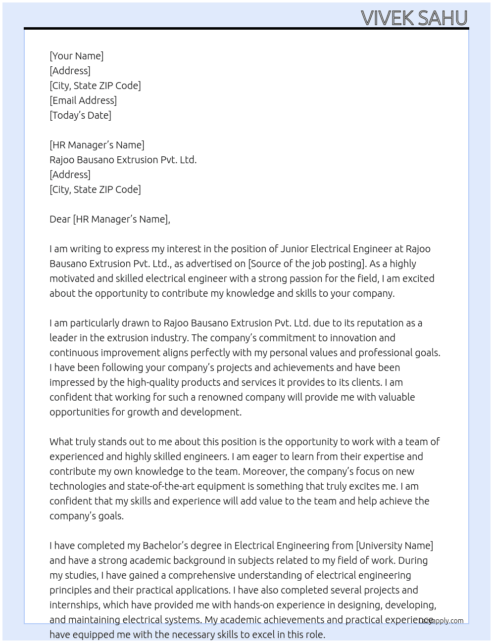Junior electrical engineer  At Rajoo Bausano Extrusion Pvt. Ltd. Cover Letter