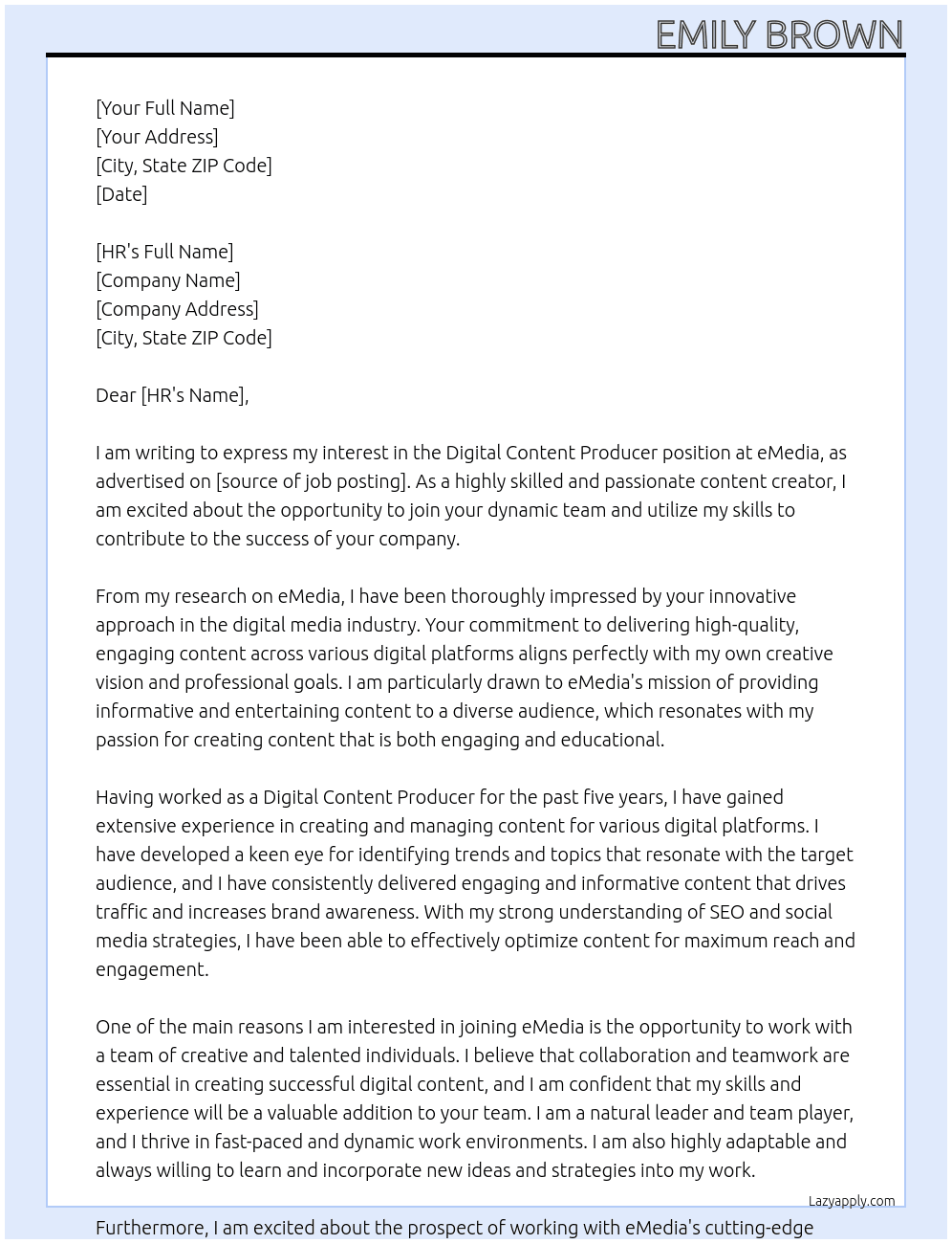 Digital content producer At eMedia Cover Letter