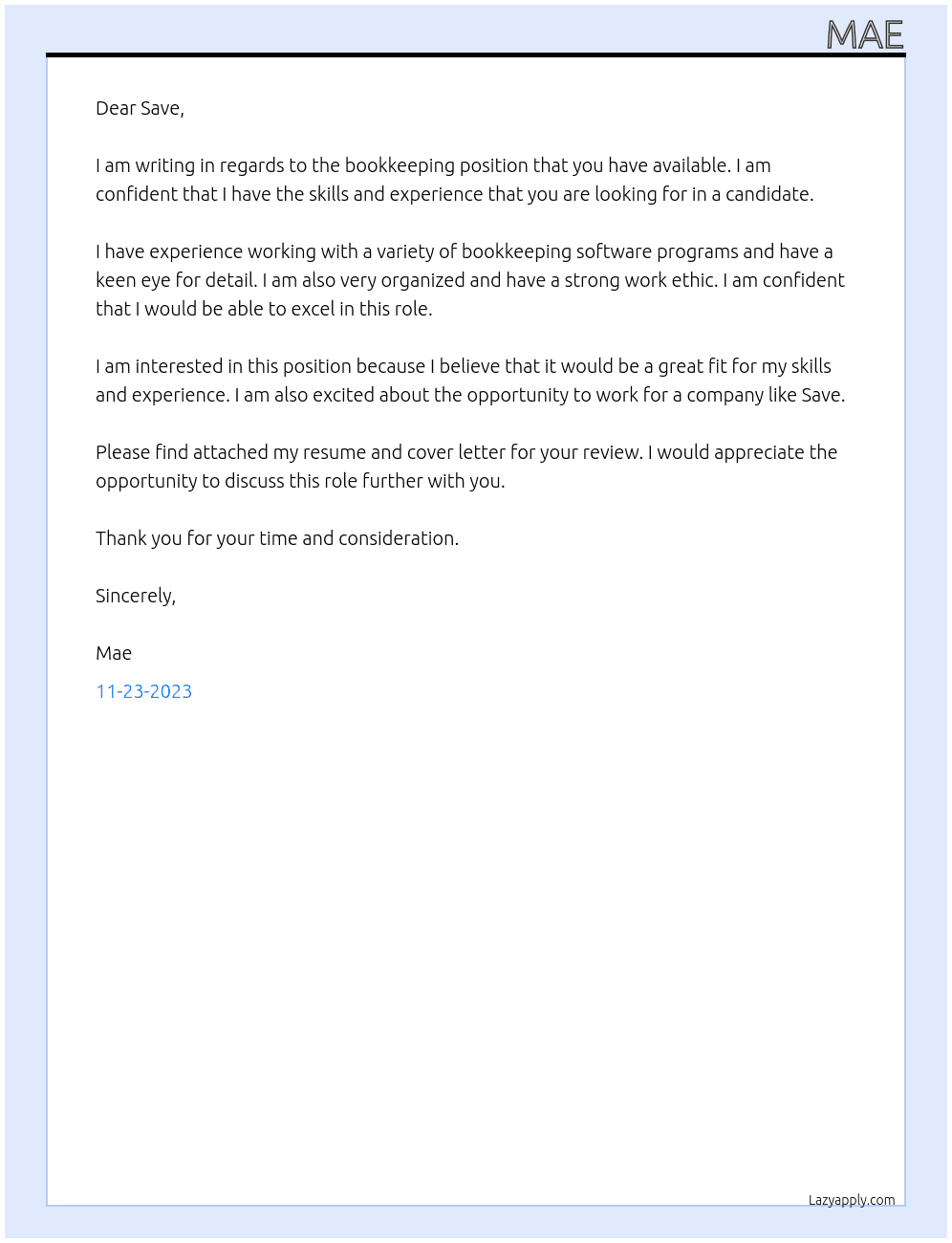 Bookkeper At Save Cover Letter
