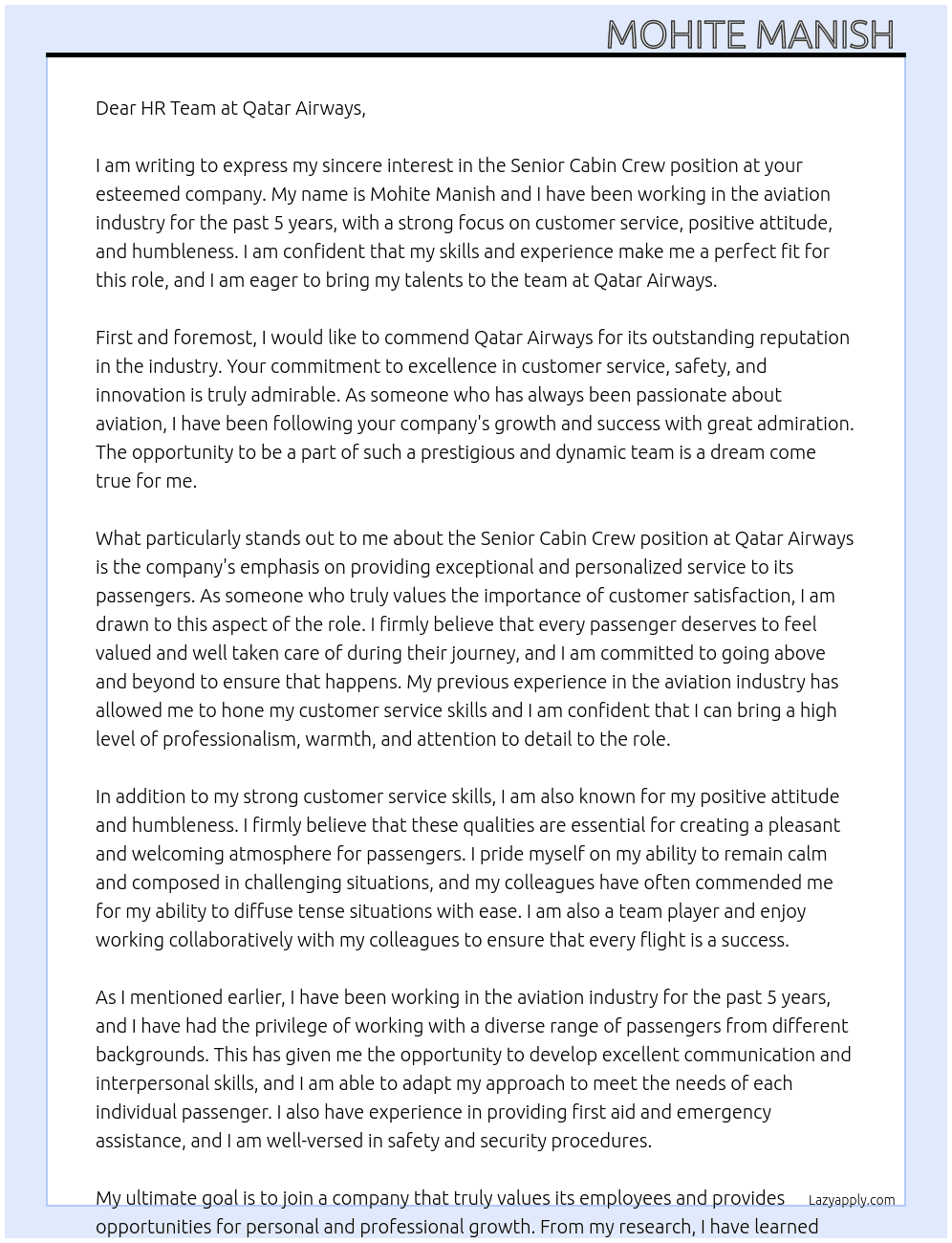 Senior cabin crew  At Qatar Airways  Cover Letter
