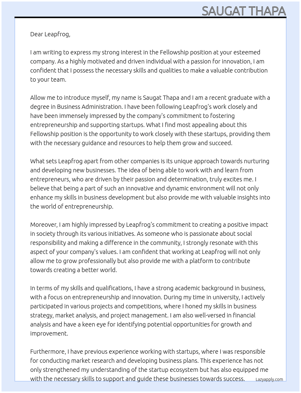 fellowship At Leapfrog Cover Letter