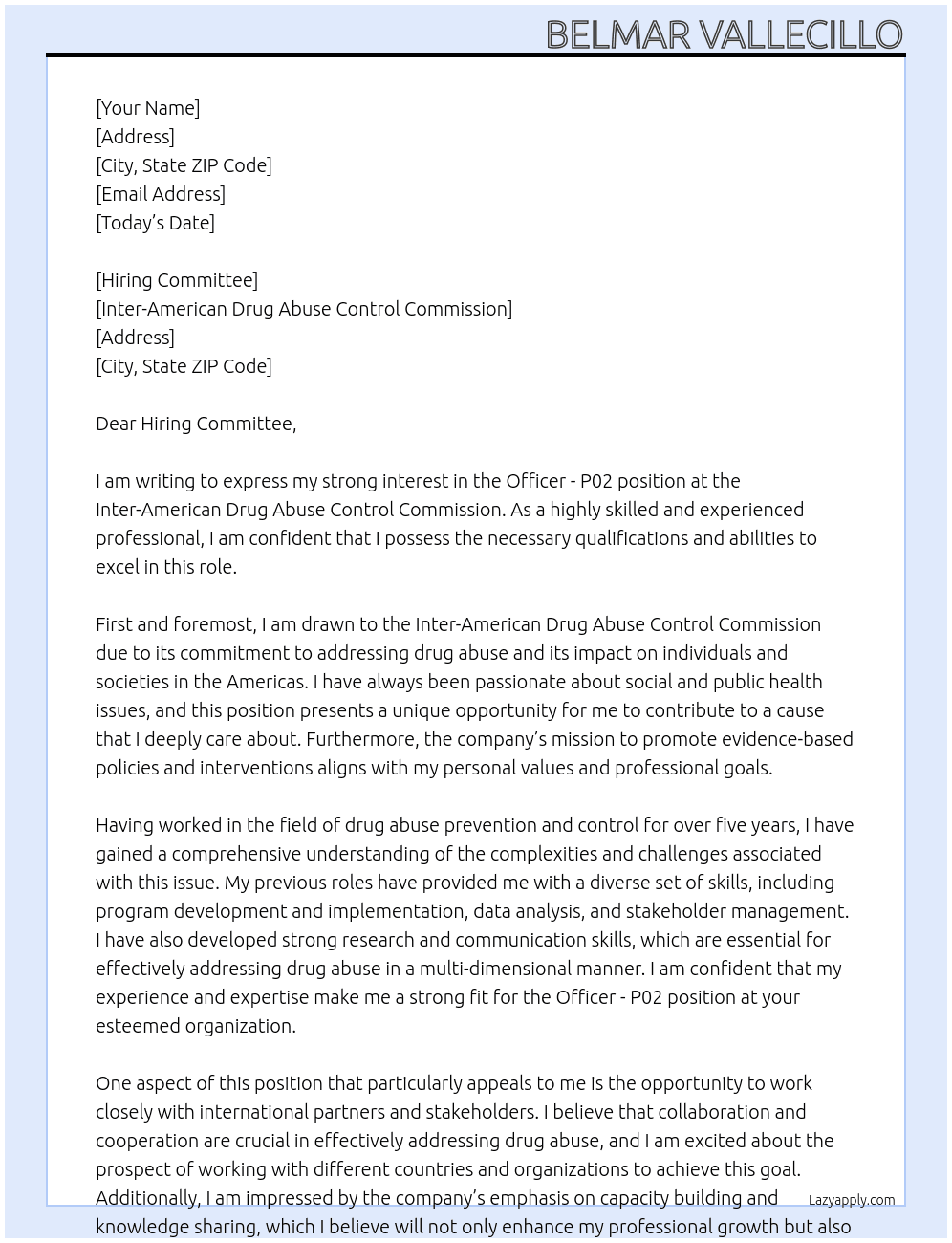 Officer - P02  At Inter-American Drug Abuse Control Commission Cover Letter