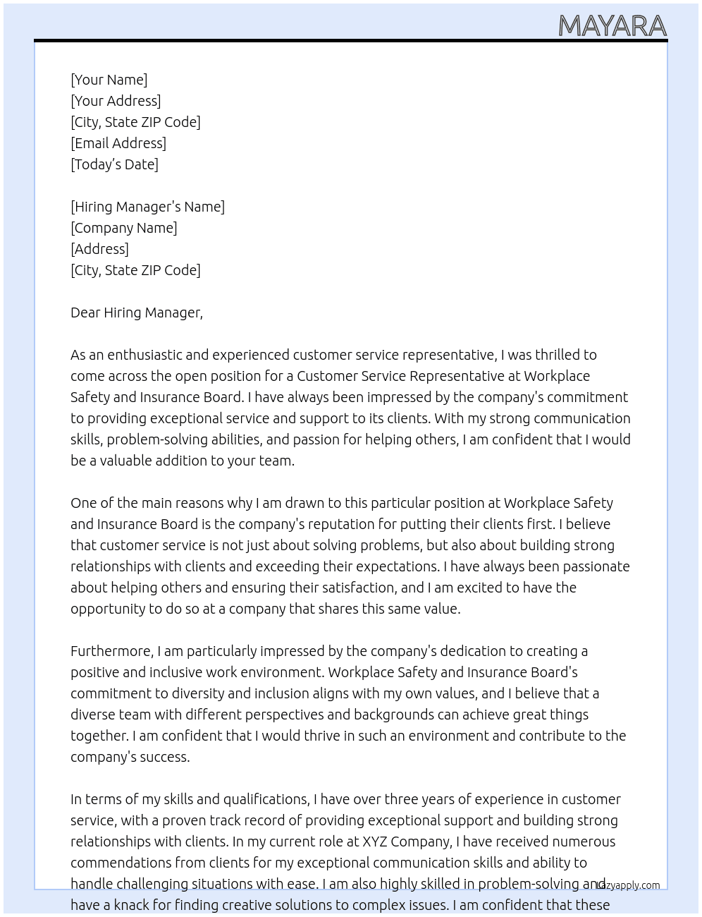 Customer Service Representative At Workplace Safety and Insurance Board Cover Letter