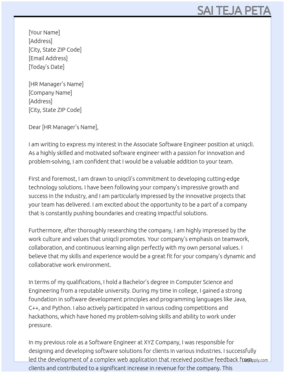 Associate Software Engineer At uniqcli Cover Letter