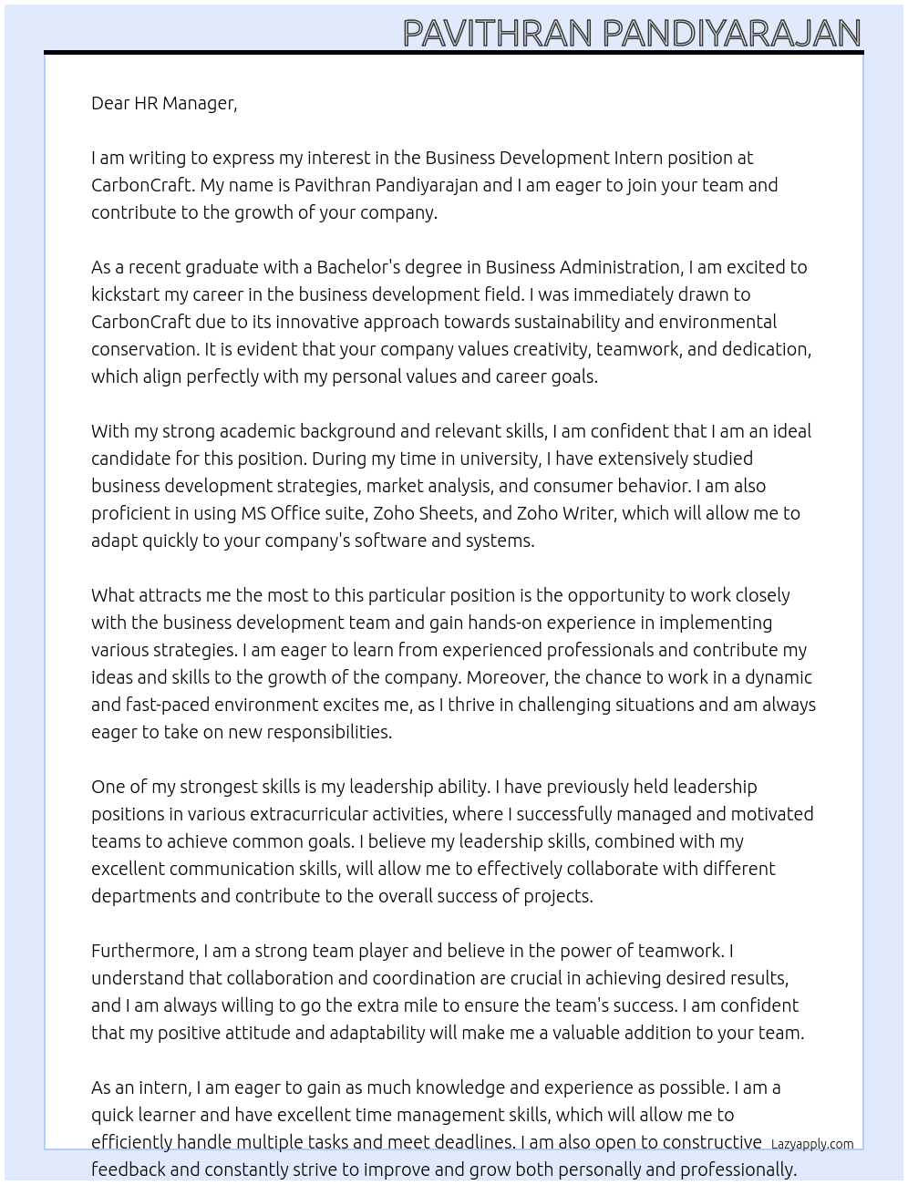 Business Development Intern Position At CarbonCraft Cover Letter