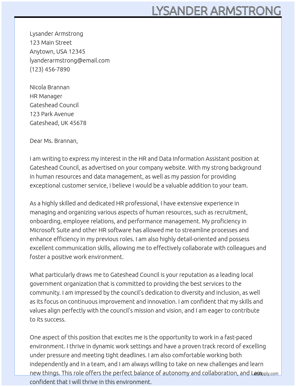 HR and Data Information Assistant  At Gateshead council  Cover Letter