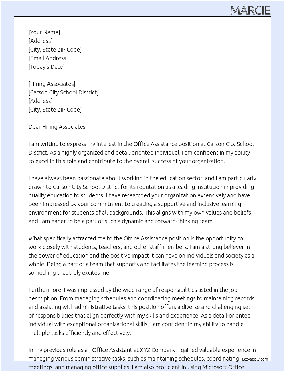 Office Assistance  At Carson City School District Cover Letter