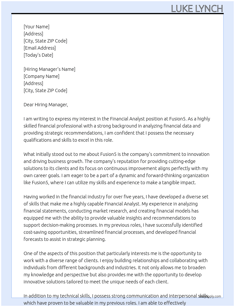 Financial Analyst At Fusion5 Cover Letter