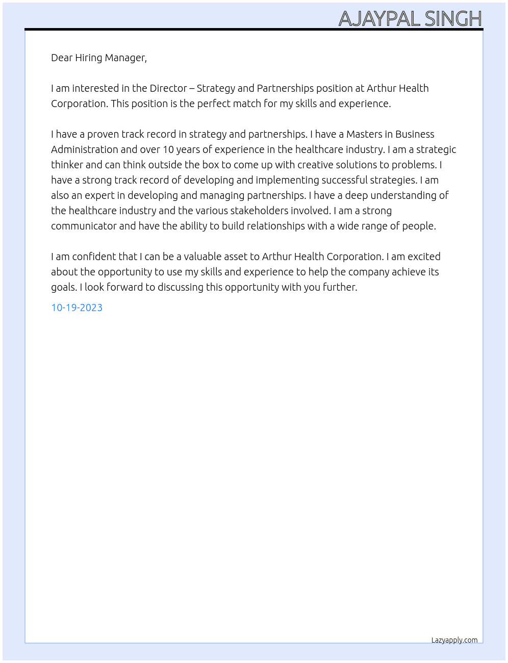 Director – Strategy and Partnerships At Arthur Health Corporation Cover Letter