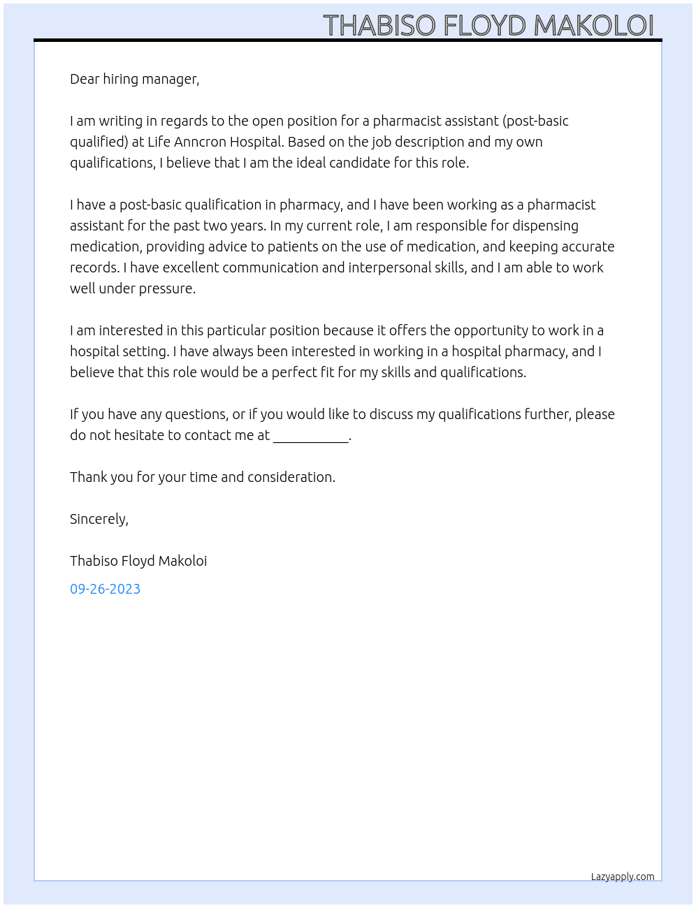 Pharmacist assistant (Post-Basic Qualified)  At Life Anncron Hospital  Cover Letter