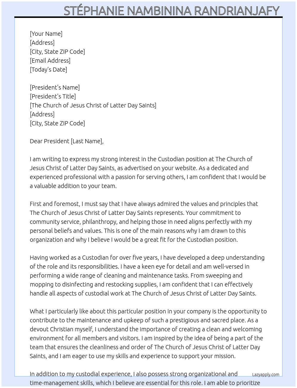 Custodian  At Thé Church of Jesus Christ of Latter Day Saints  Cover Letter