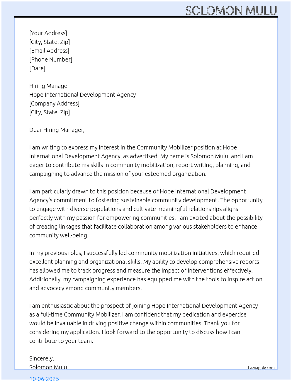 ommunity Mobilizer At Hope International Development Agency Cover Letter
