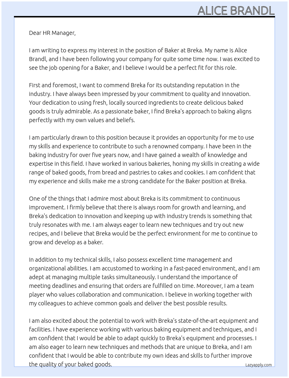 Baker At Breka Cover Letter