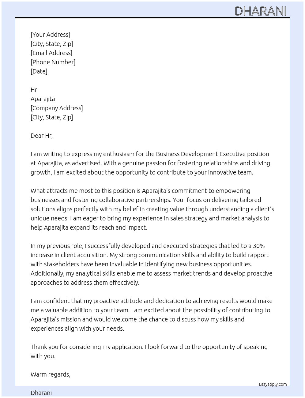 Business development executive  At Aparajita  Cover Letter