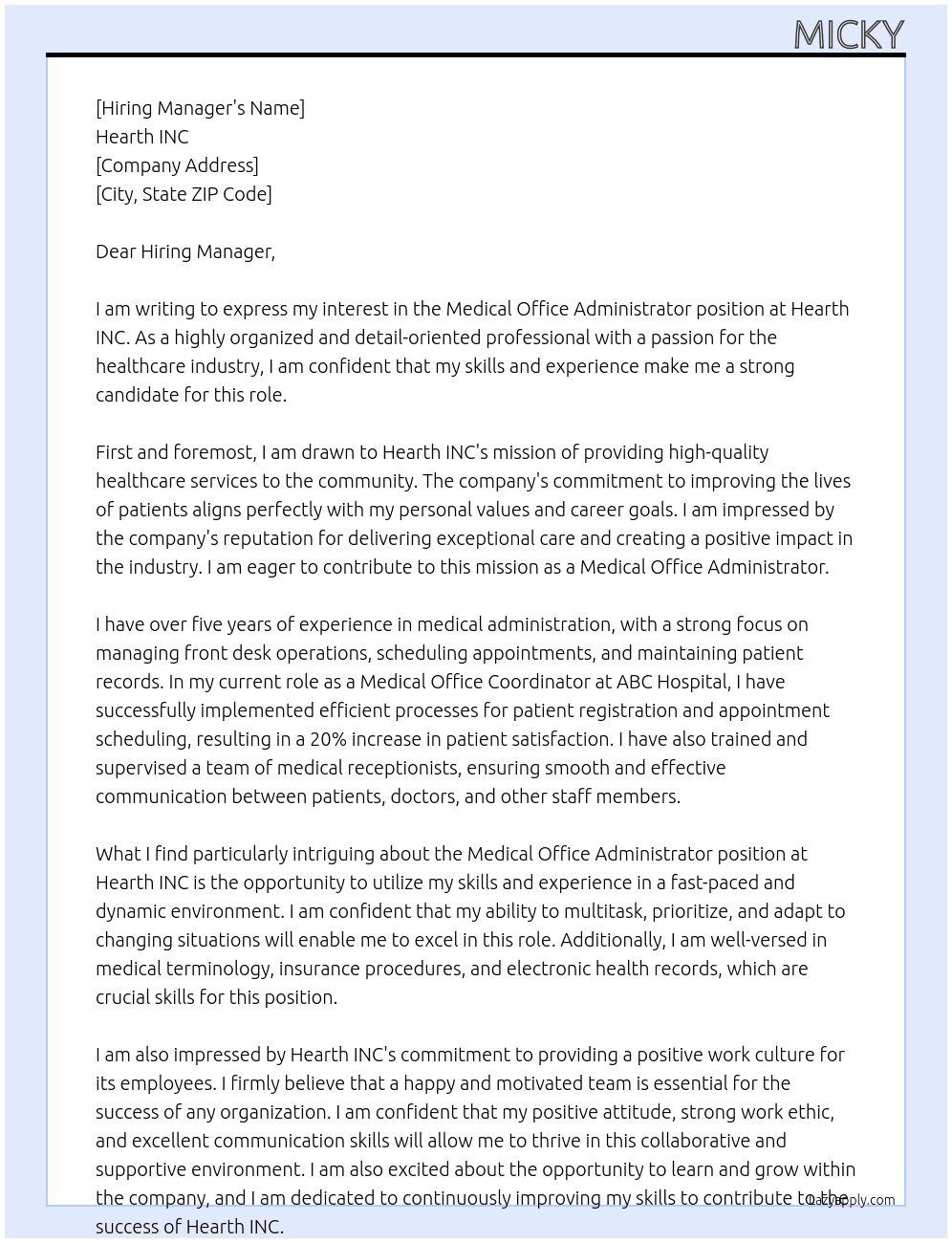 Medical Office Administrator At Hearth INC Cover Letter